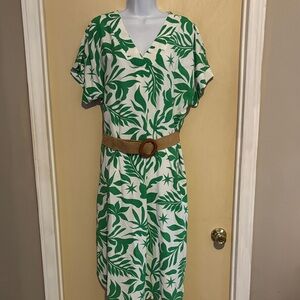 Fred David: Green and White Leaf Print Dress with Belt